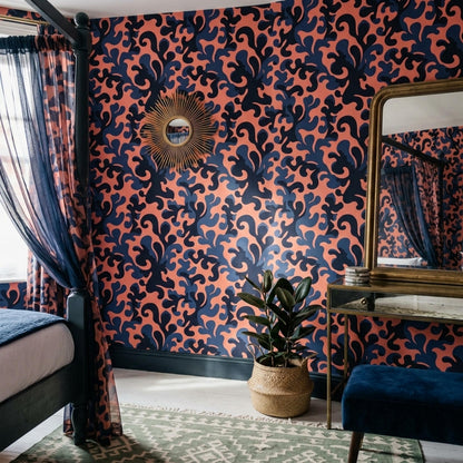 Navy Coral Abstract Wallpaper Bold Maximalist Pattern Retro Luxury Wall Decor