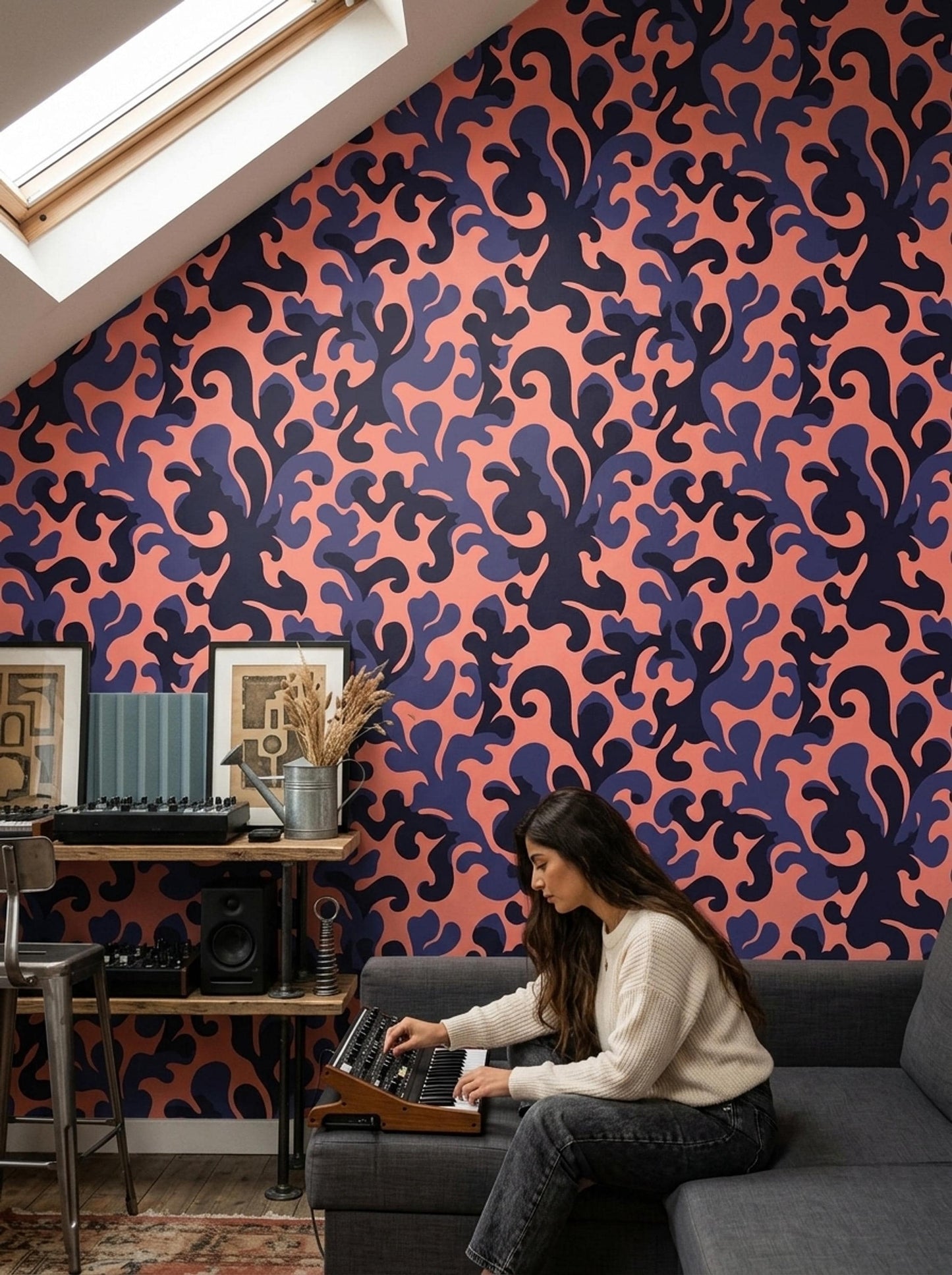Navy Coral Abstract Wallpaper Bold Maximalist Pattern Retro Luxury Wall Decor