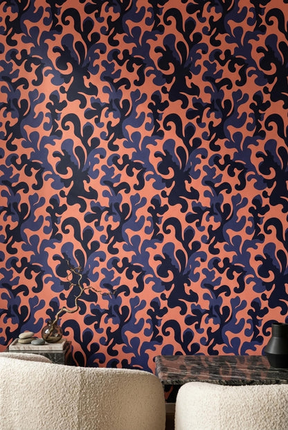 Navy Coral Abstract Wallpaper Bold Maximalist Pattern Retro Luxury Wall Decor