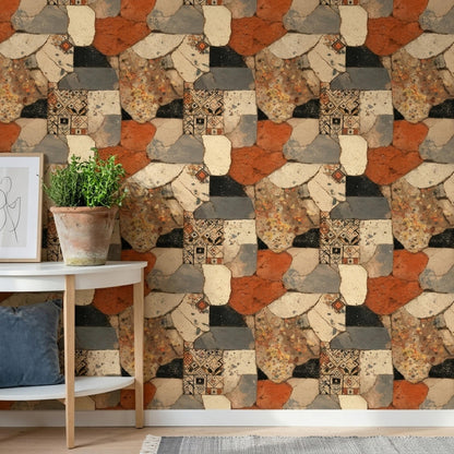 Wabi Sabi Stone Mosaic Wallpaper Terra Cotta Patchwork Organic Modern Wall Decor