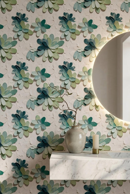 3D Petal Bloom Wallpaper Sage Green Floral Wall Decor Soft Organic Modern Design