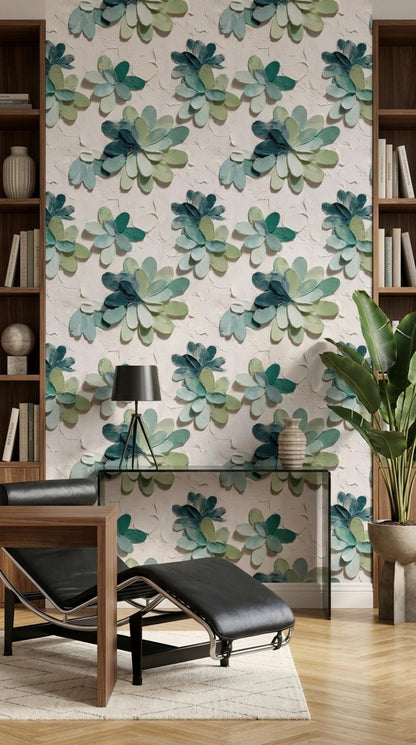 3D Petal Bloom Wallpaper Sage Green Floral Wall Decor Soft Organic Modern Design