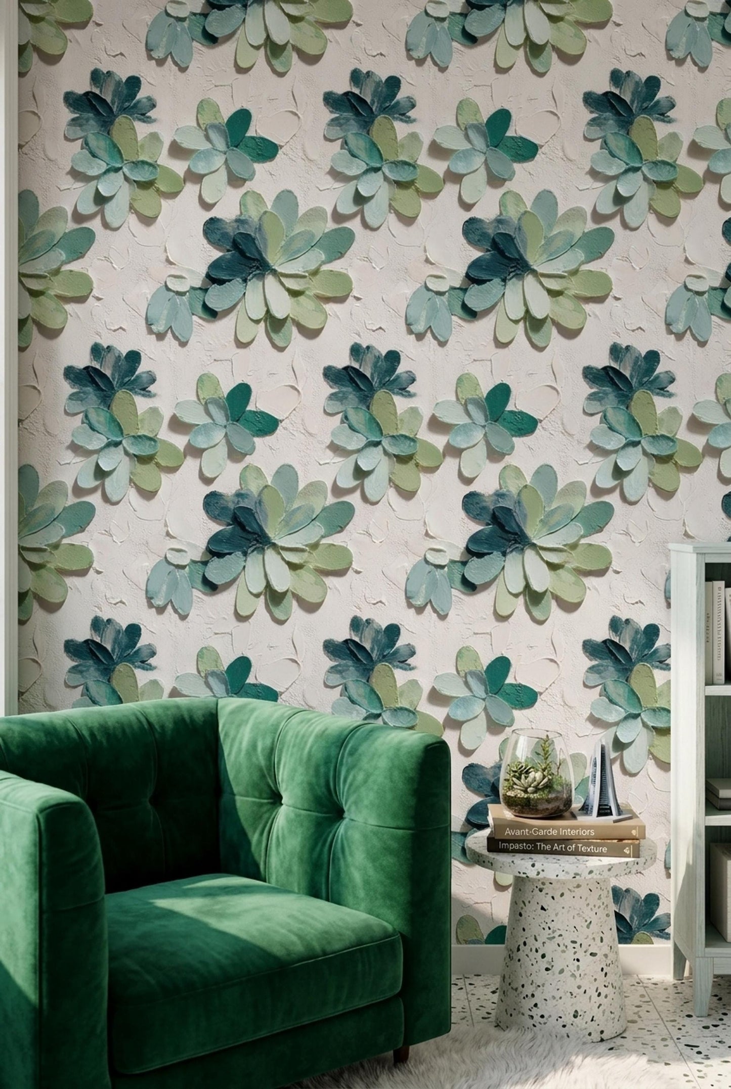 3D Petal Bloom Wallpaper Sage Green Floral Wall Decor Soft Organic Modern Design