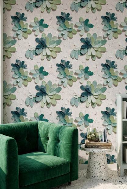 3D Petal Bloom Wallpaper Sage Green Floral Wall Decor Soft Organic Modern Design