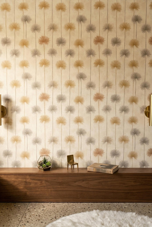 Neutral Palm Burst Wallpaper Mid Century Modern Beige Botanical Wall Decor