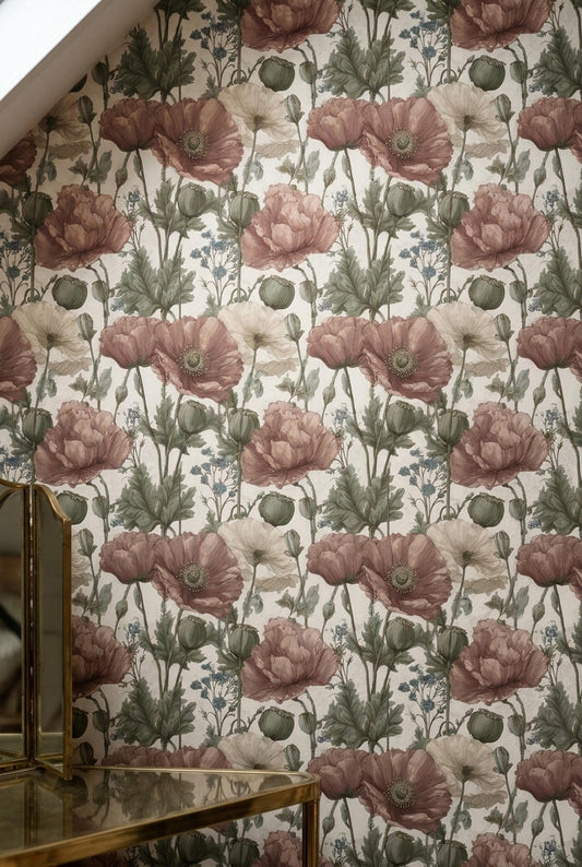 Vintage Poppy Wallpaper Dusty Rose Botanical Pattern English Cottage Wall Decor