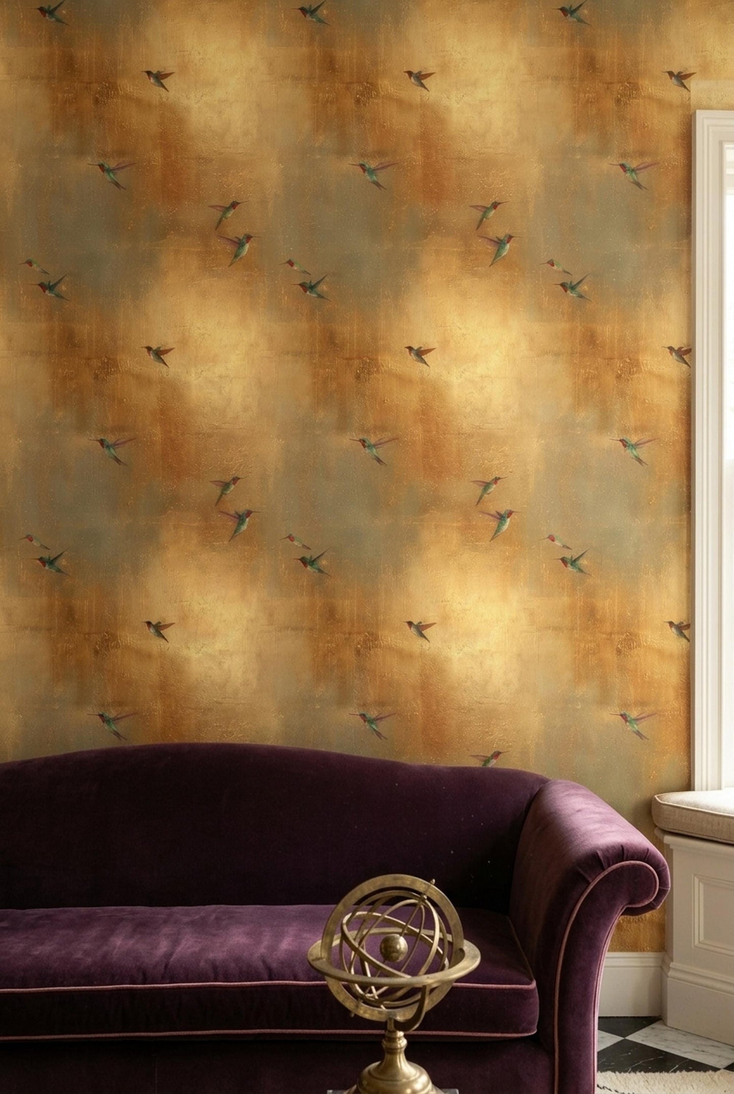 Golden Hummingbird Wallpaper Metallic Luxe Bird Pattern Art Deco Wall Decor Gold