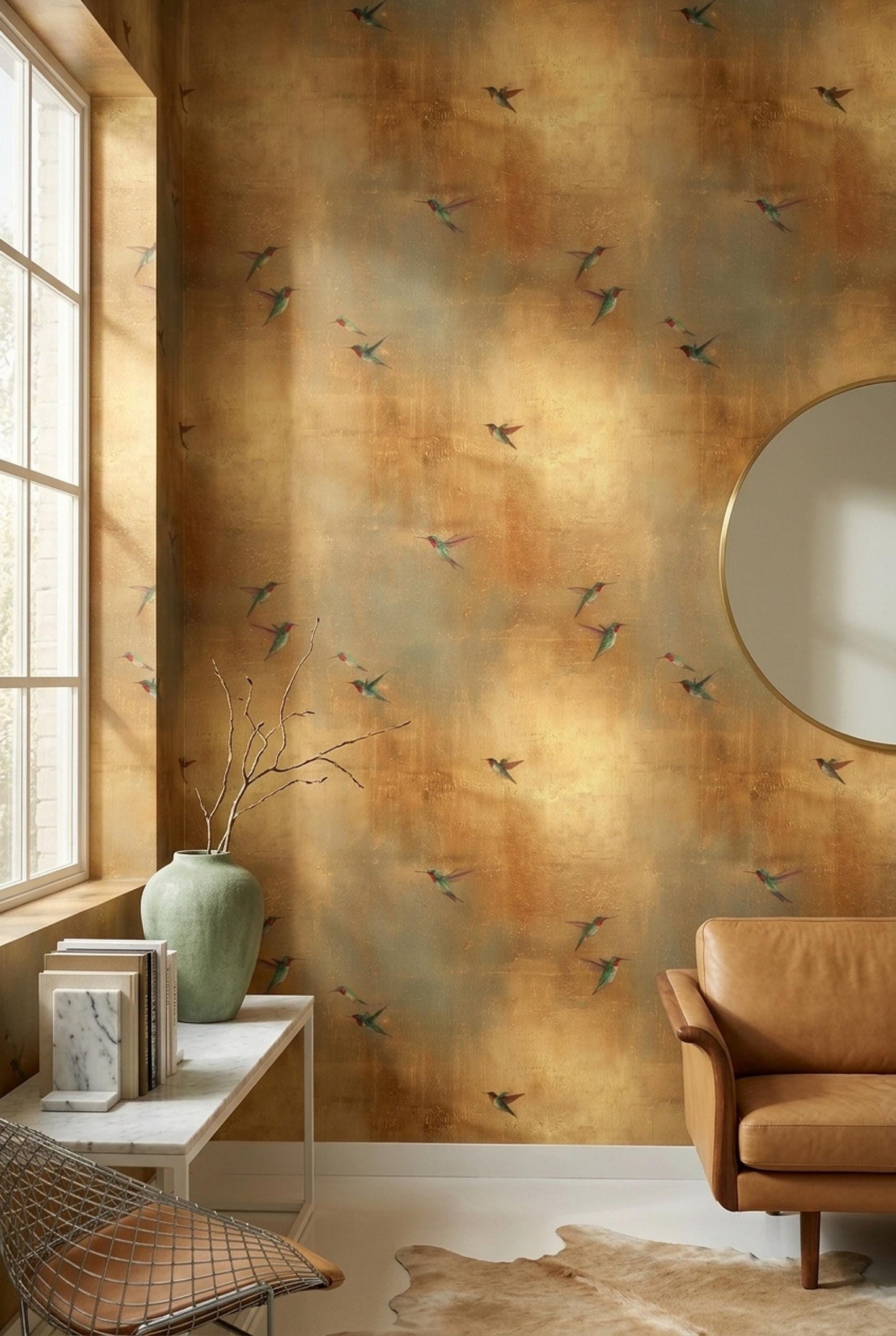 Golden Hummingbird Wallpaper Metallic Luxe Bird Pattern Art Deco Wall Decor Gold