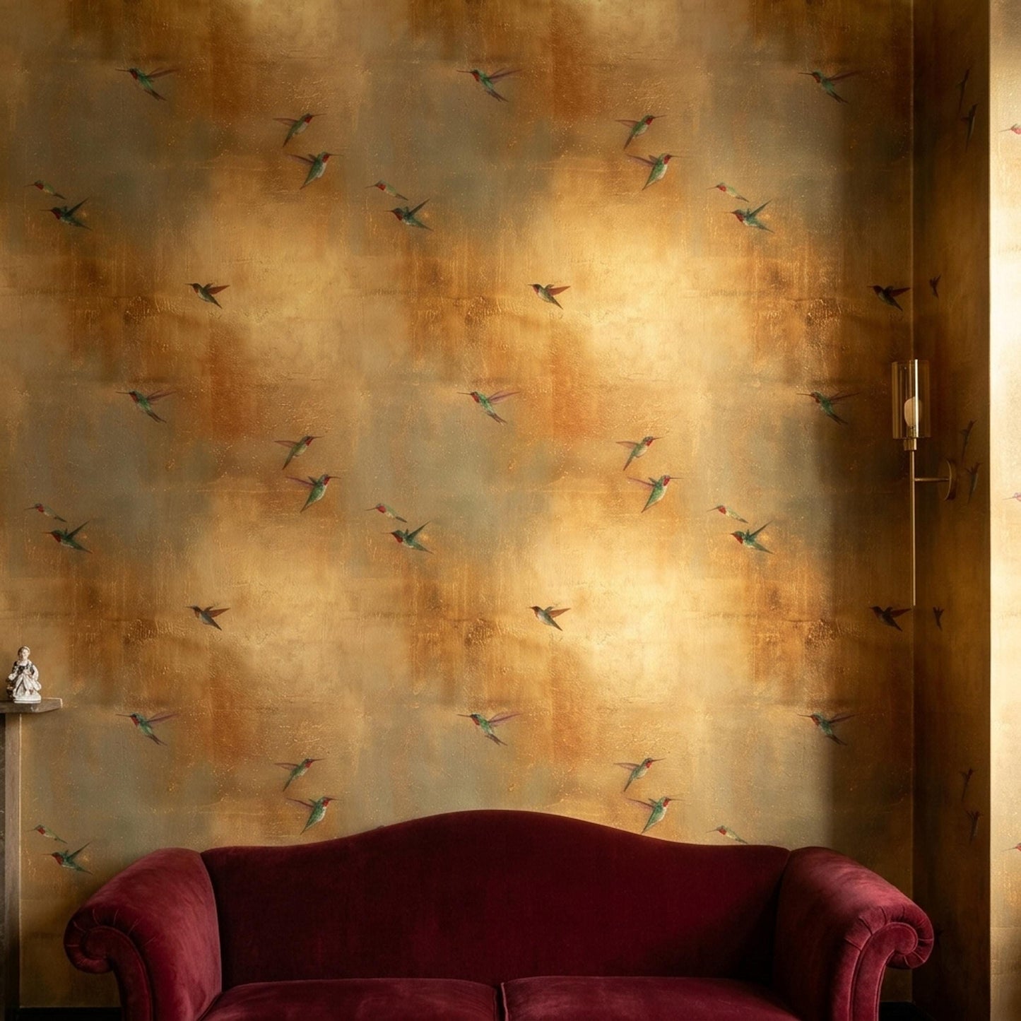 Golden Hummingbird Wallpaper Metallic Luxe Bird Pattern Art Deco Wall Decor Gold