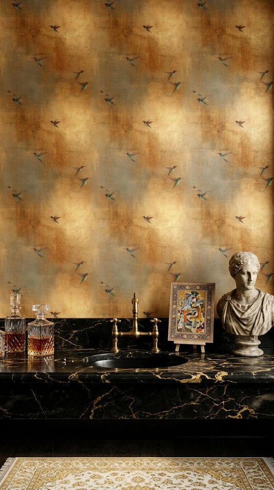 Golden Hummingbird Wallpaper Metallic Luxe Bird Pattern Art Deco Wall Decor Gold