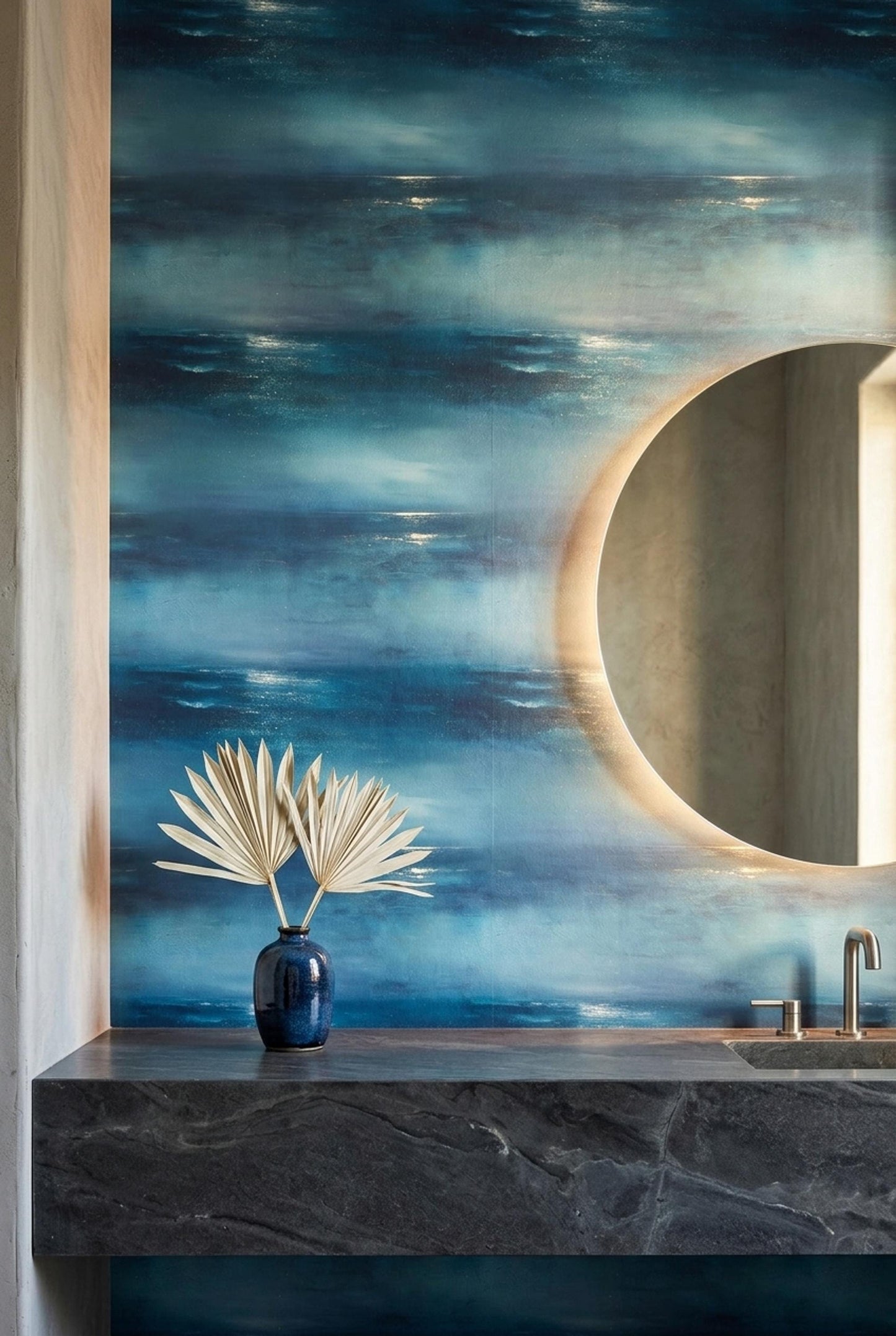 Midnight Ocean Wallpaper Moody Coastal Abstract Blue Seascape Luxury Wall Decor