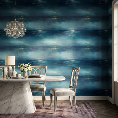 Midnight Ocean Wallpaper Moody Coastal Abstract Blue Seascape Luxury Wall Decor