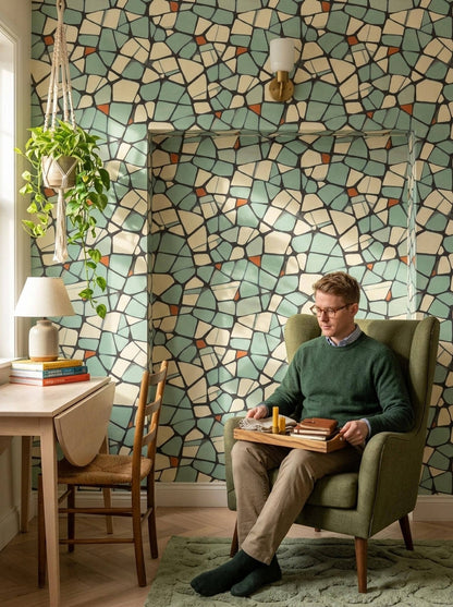 Geometric Mosaic Wallpaper Mid Century Modern Terrazzo Pattern Mint Green Wall Decor