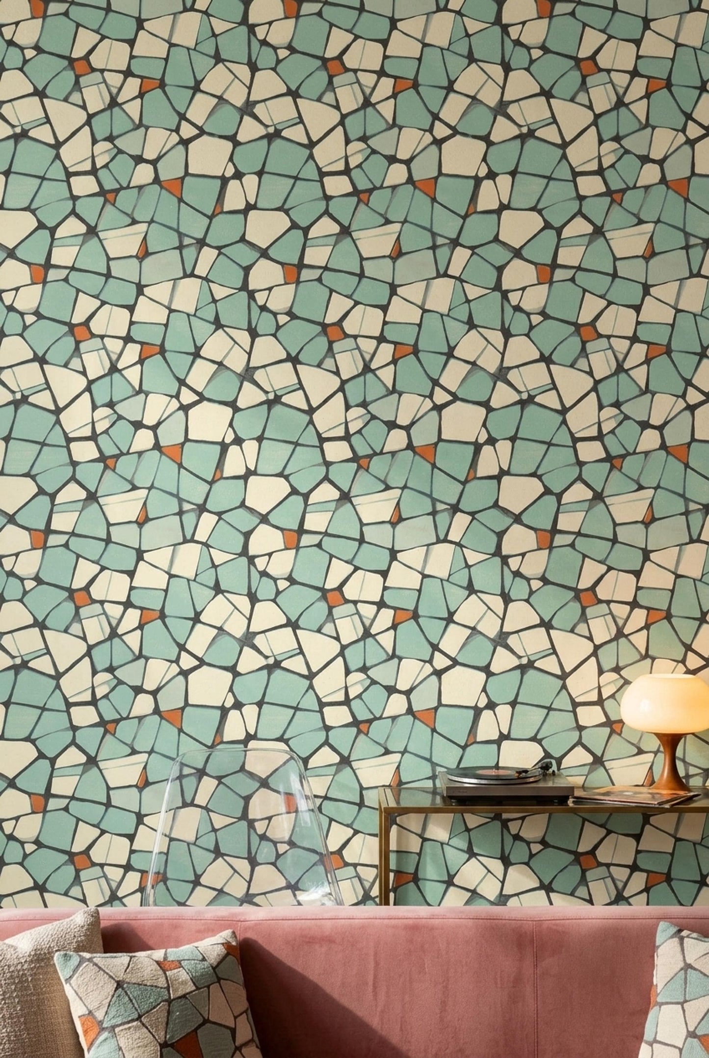 Geometric Mosaic Wallpaper Mid Century Modern Terrazzo Pattern Mint Green Wall Decor
