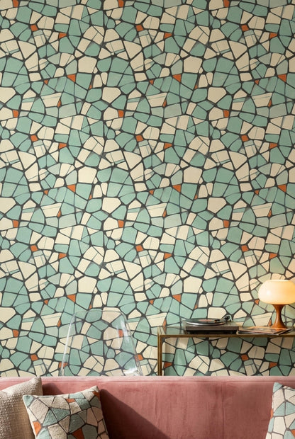 Geometric Mosaic Wallpaper Mid Century Modern Terrazzo Pattern Mint Green Wall Decor