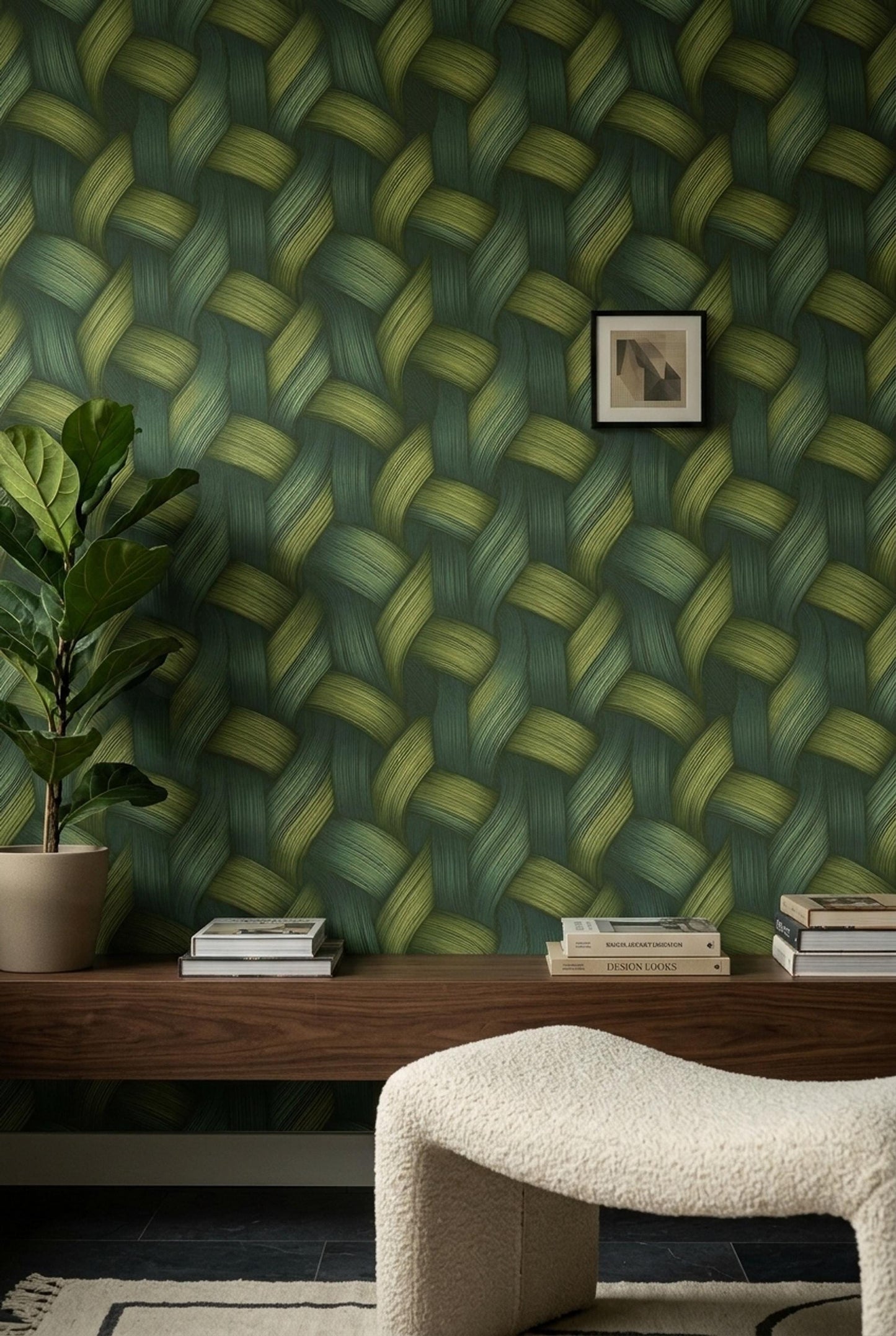 Green Woven Wallpaper Textured Basket Weave Wallpaper Organic Modern Wall Decor