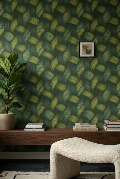Green Woven Wallpaper Textured Basket Weave Wallpaper Organic Modern Wall Decor