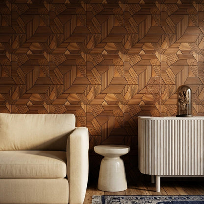 3D Wood Panel Wallpaper Geometric Walnut Pattern Modern Office Accent Wall Decor