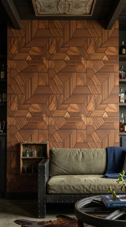3D Wood Panel Wallpaper Geometric Walnut Pattern Modern Office Accent Wall Decor
