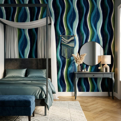 Blue Green Wave Pattern Retro Modern Wall Decor Mid Century Coastal Accent Wall