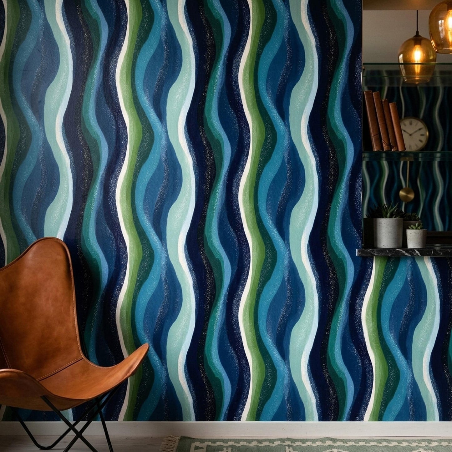Blue Green Wave Pattern Retro Modern Wall Decor Mid Century Coastal Accent Wall