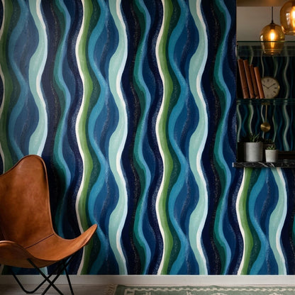 Blue Green Wave Pattern Retro Modern Wall Decor Mid Century Coastal Accent Wall