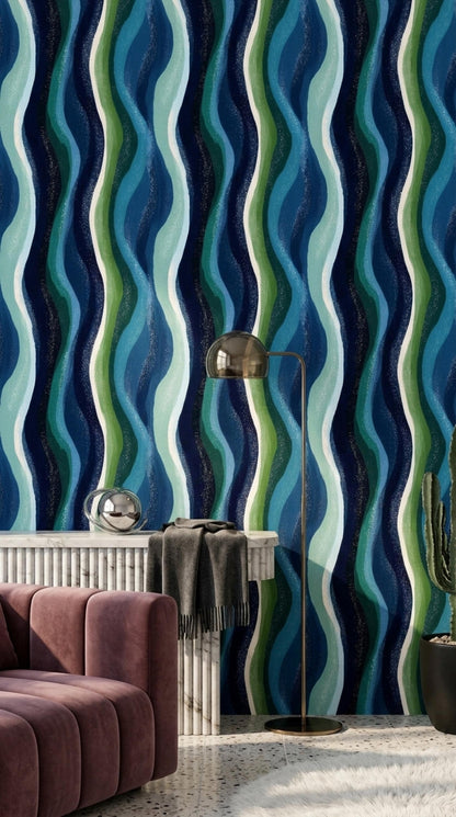 Blue Green Wave Pattern Retro Modern Wall Decor Mid Century Coastal Accent Wall