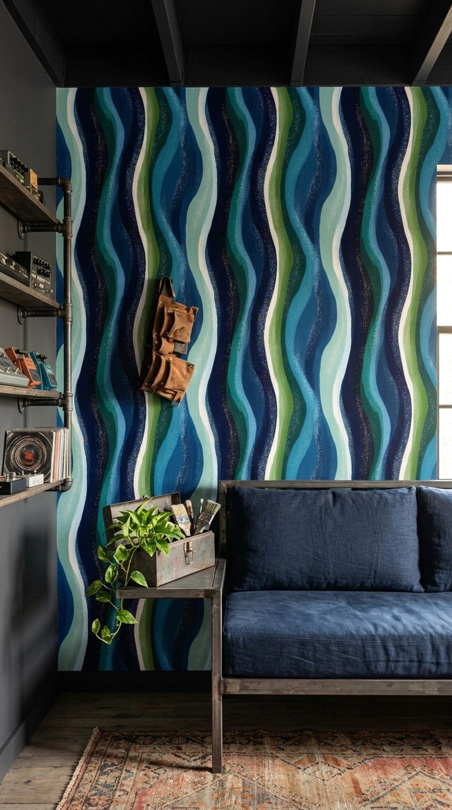 Blue Green Wave Pattern Retro Modern Wall Decor Mid Century Coastal Accent Wall