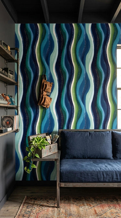 Blue Green Wave Pattern Retro Modern Wall Decor Mid Century Coastal Accent Wall