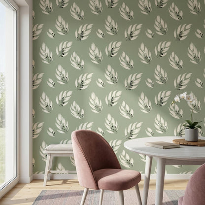 Sage Feather Wallpaper Scandinavian Nature Decor Minimal Botanical Accent Wall