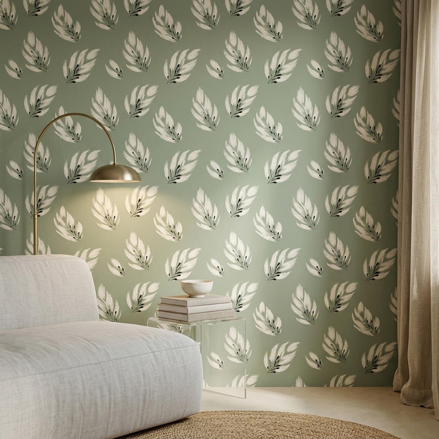 Sage Feather Wallpaper Scandinavian Nature Decor Minimal Botanical Accent Wall