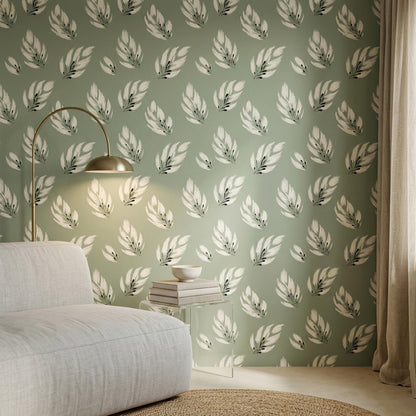 Sage Feather Wallpaper Scandinavian Nature Decor Minimal Botanical Accent Wall