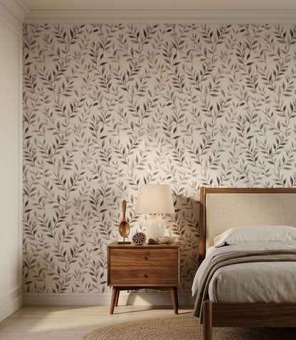 Neutral Botanical Wallpaper Soft Beige Leaf Pattern Organic Modern Wall Decor