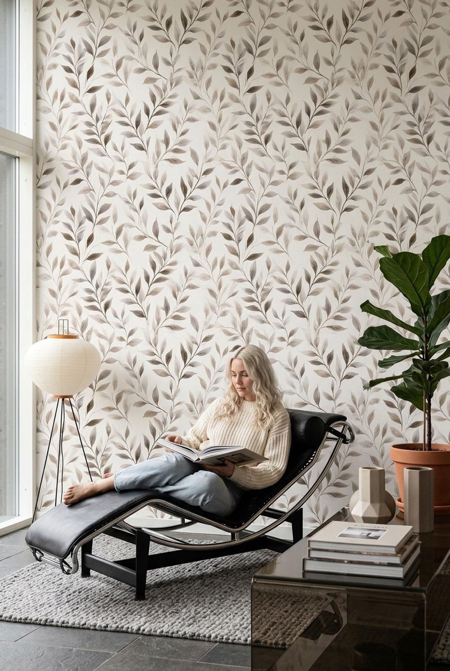 Neutral Botanical Wallpaper Soft Beige Leaf Pattern Organic Modern Wall Decor