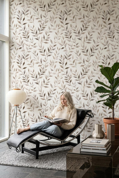 Neutral Botanical Wallpaper Soft Beige Leaf Pattern Organic Modern Wall Decor