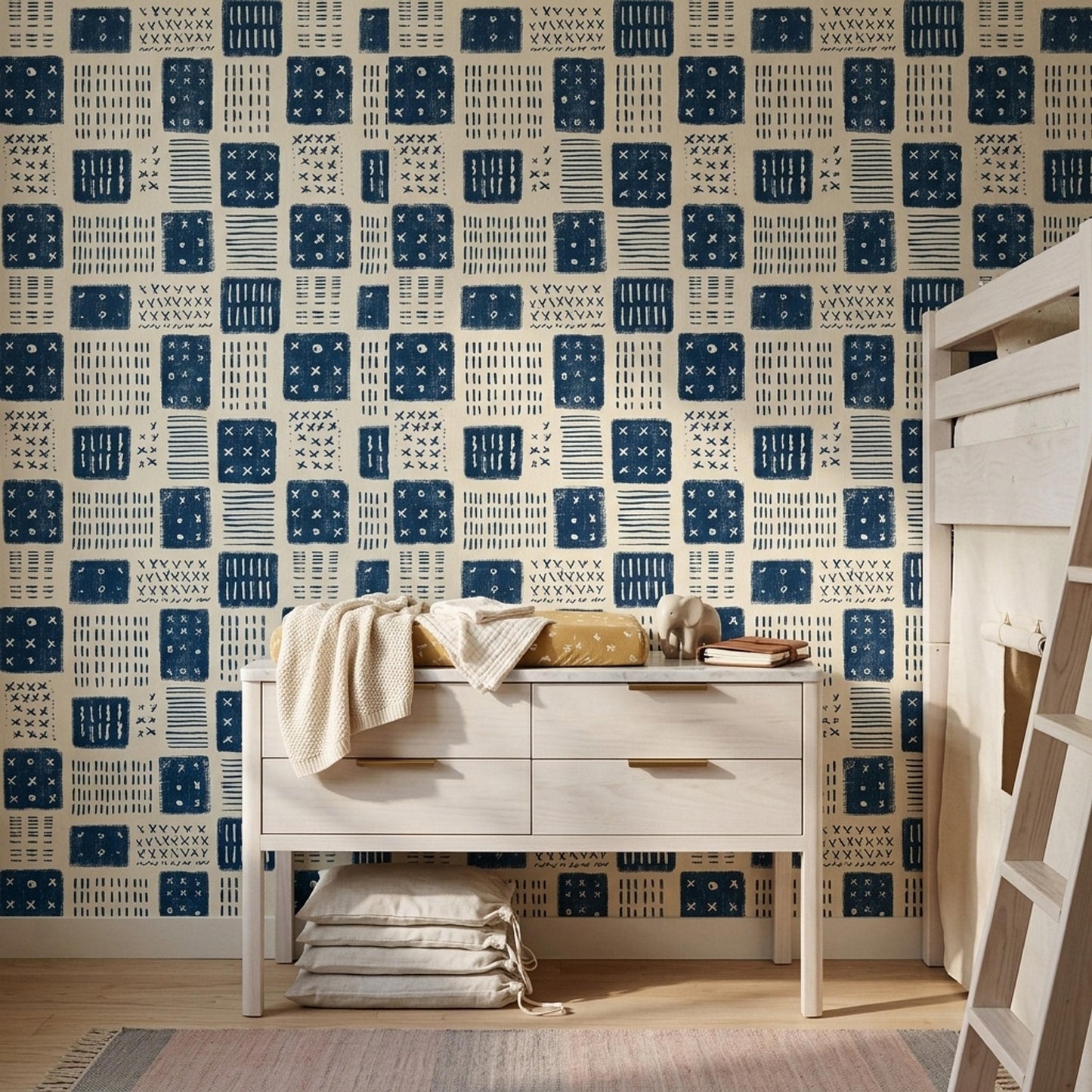 Indigo Block Print Wallpaper Scandinavian Geometric Pattern Nordic Folk Art Decor