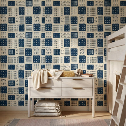 Indigo Block Print Wallpaper Scandinavian Geometric Pattern Nordic Folk Art Decor