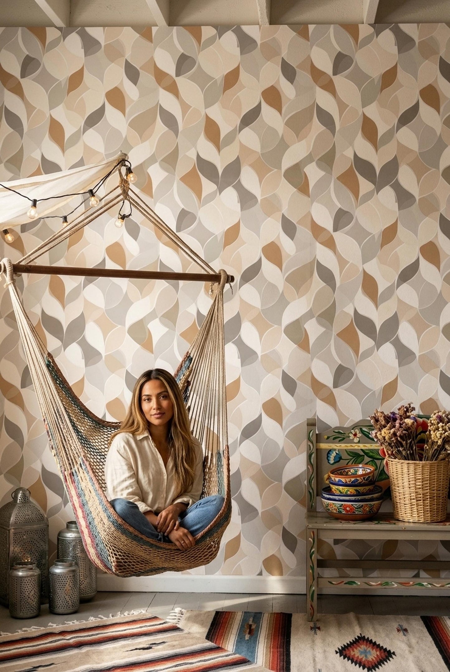 Neutral Botanical Wallpaper Japandi Leaf Pattern Scandinavian Organic Modern Decor
