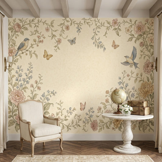 Vintage Floral Bird Wall Mural Cottagecore Garden Wallpaper Romantic Botanical Wall Decor