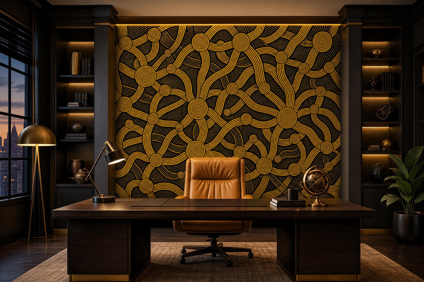 Abstract Concentric Circles Wall Mural Gold Black Geometric Statement Decor