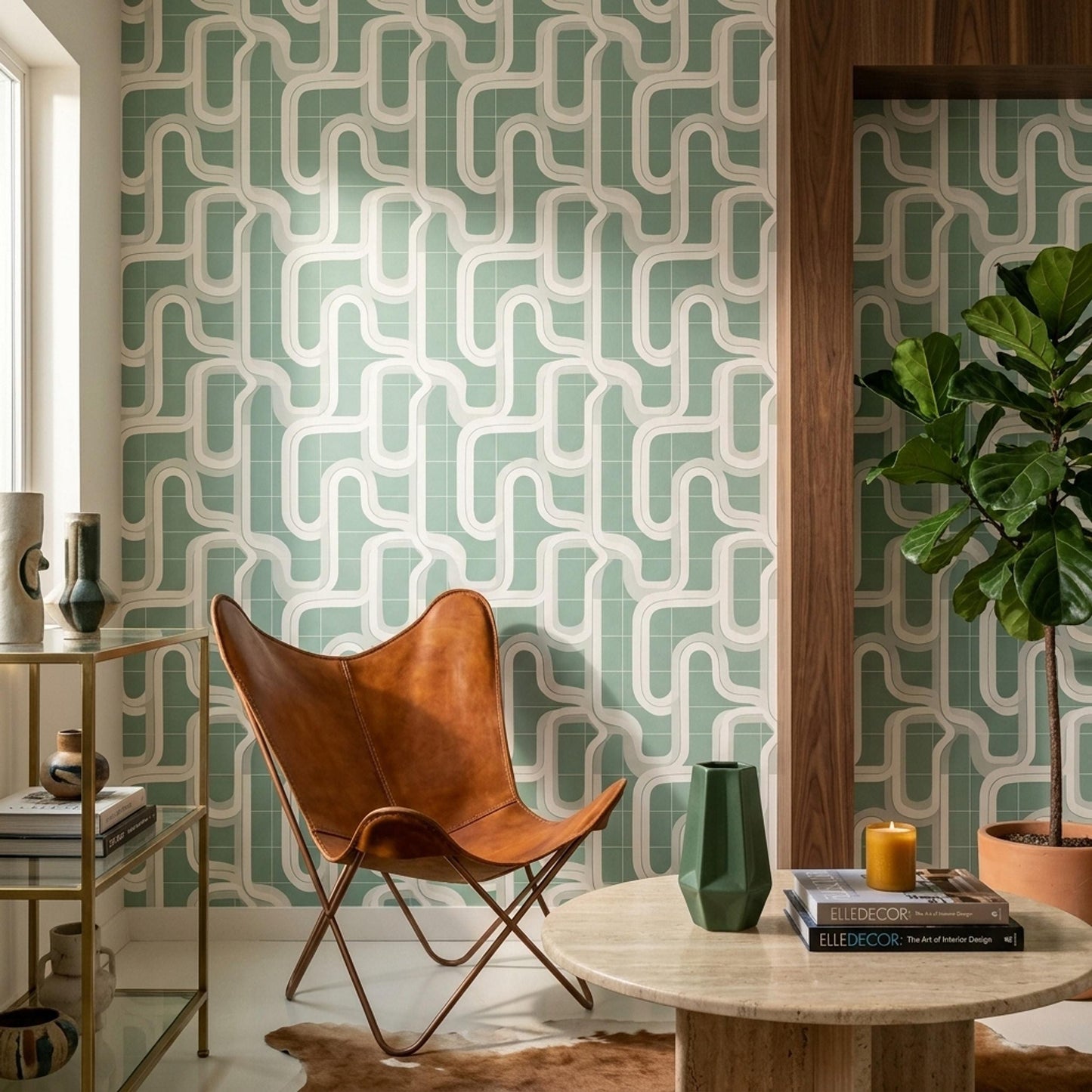 Retro Mint Geometric Wallpaper Mid Century Modern Abstract Grid Wall Decor
