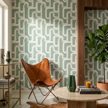 Retro Mint Geometric Wallpaper Mid Century Modern Abstract Grid Wall Decor