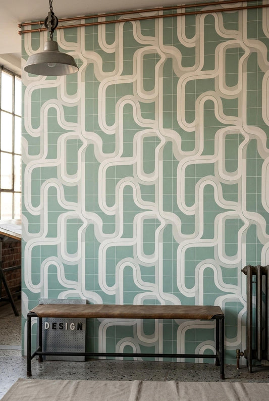Retro Mint Geometric Wallpaper Mid Century Modern Abstract Grid Wall Decor