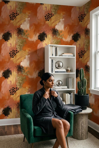 Burnt Orange Abstract Wallpaper Modern Expressionist Brushstroke Wall Decor