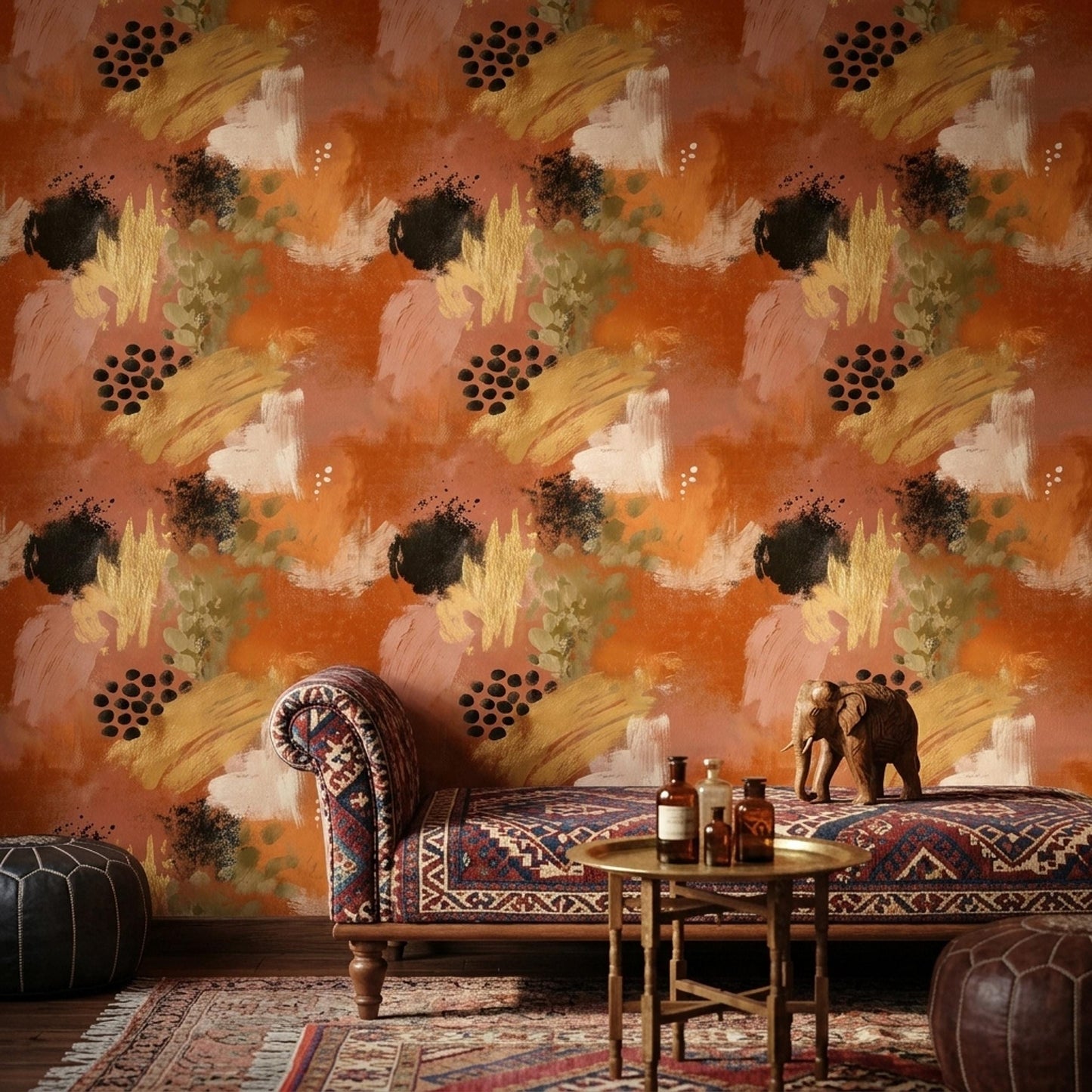 Burnt Orange Abstract Wallpaper Modern Expressionist Brushstroke Wall Decor