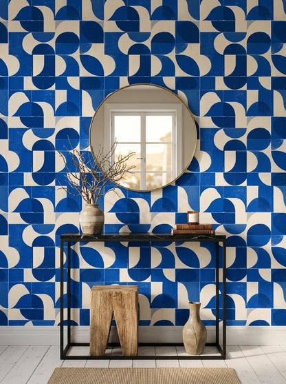 Cobalt Blue Geometric Wallpaper Mid Century Modern Pattern Retro Abstract Wall Decor