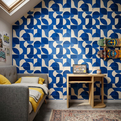 Cobalt Blue Geometric Wallpaper Mid Century Modern Pattern Retro Abstract Wall Decor