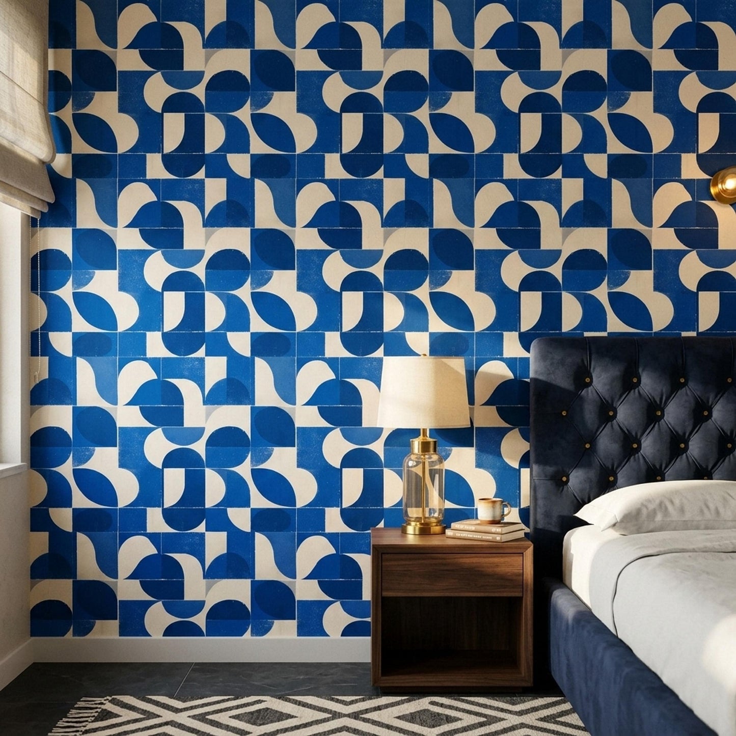 Cobalt Blue Geometric Wallpaper Mid Century Modern Pattern Retro Abstract Wall Decor