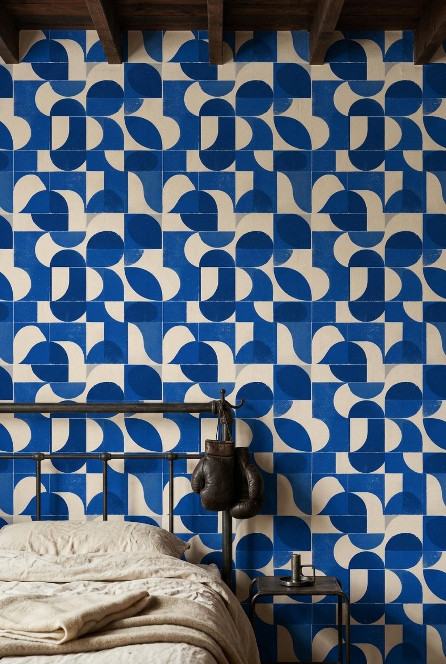 Cobalt Blue Geometric Wallpaper Mid Century Modern Pattern Retro Abstract Wall Decor