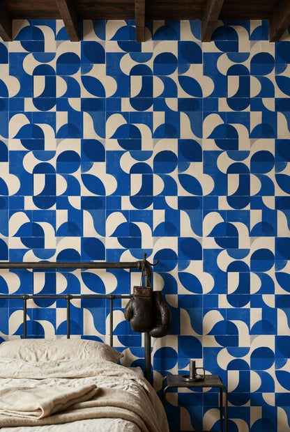 Cobalt Blue Geometric Wallpaper Mid Century Modern Pattern Retro Abstract Wall Decor
